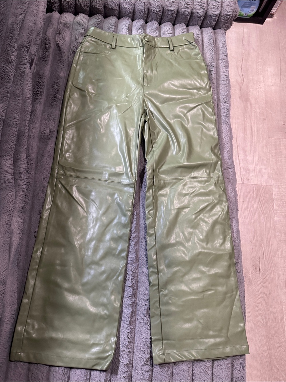 SHEIN Olive Green Faux Leather Wide-Leg Jeans